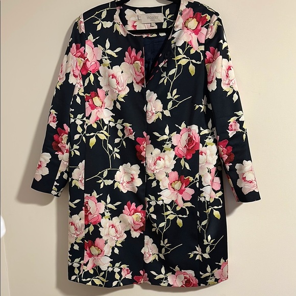 HOBBS London Rita Rose coat Floral navy spring dress  size 12 snap - Picture 1 of 14